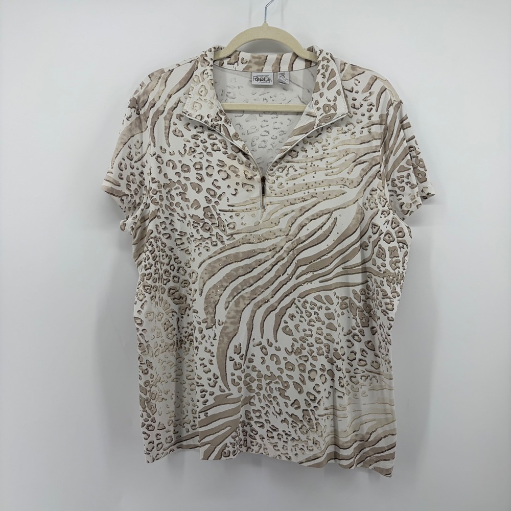 Chico's Zenergy Size 3 / US XL Tan Animal Print Golf Polo Rhinestone Quarter Zip